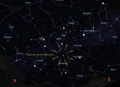 Radiante de la Oriónidas, para el hemisferio sur, la noche del 21 a 22 de octubre