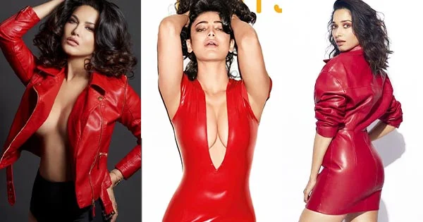 bollywood actress red latex dress cleavage curvy