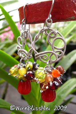 Multi gemstones wire wrapped dangle earrings