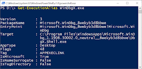 Result of executing Get-ExecutionAlias WinDbgX.exe