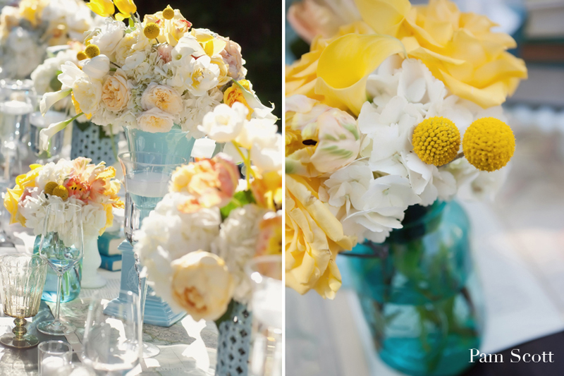 wedding decorations with blue and yellow