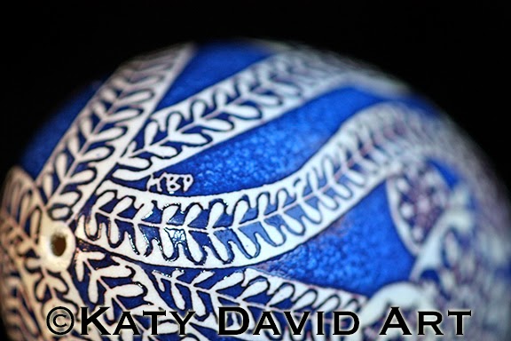 Etched Goose Egg Pysanka in Cobalt and White, Moonlight Garden