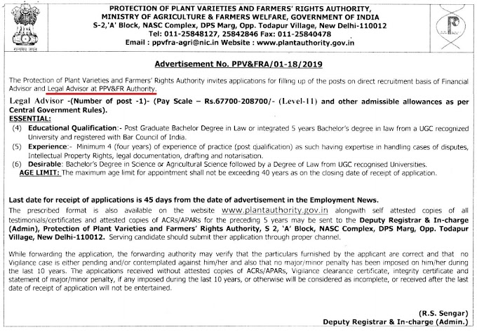 Post of Legal Advisor at PPV & FR Authority (Govt. of India) , New Delhi