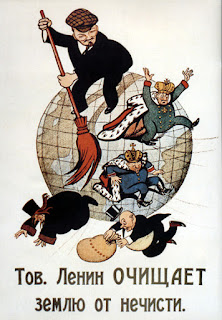 Bolshevik political cartoon poster from 1920, showing Lenin sweeping away monarchs, clergy, and capitalists; the caption reads