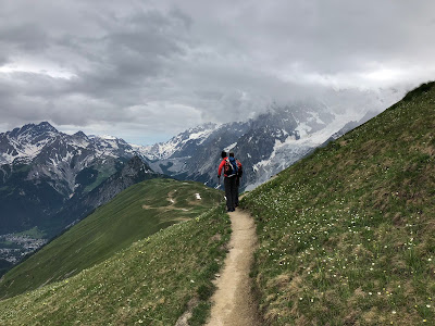 View of the trail for the two day hike. Bonatti, walking south-southeast into Valley of Malatrà. Center Left: View from Valley of Malatrà back toward Mont Blanc range. Center Right: On trail #44, descending from Testa Bernarda and heading toward Rifugio Bertone. 