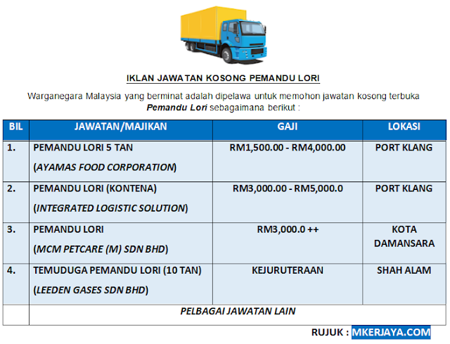Iklan Pelbagai Kekosongan Jawatan Sebagai Pemandu Lori Dibuka Disember 2019
