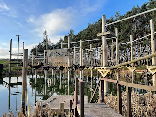 A ropes obstacle course sitting above a pond.