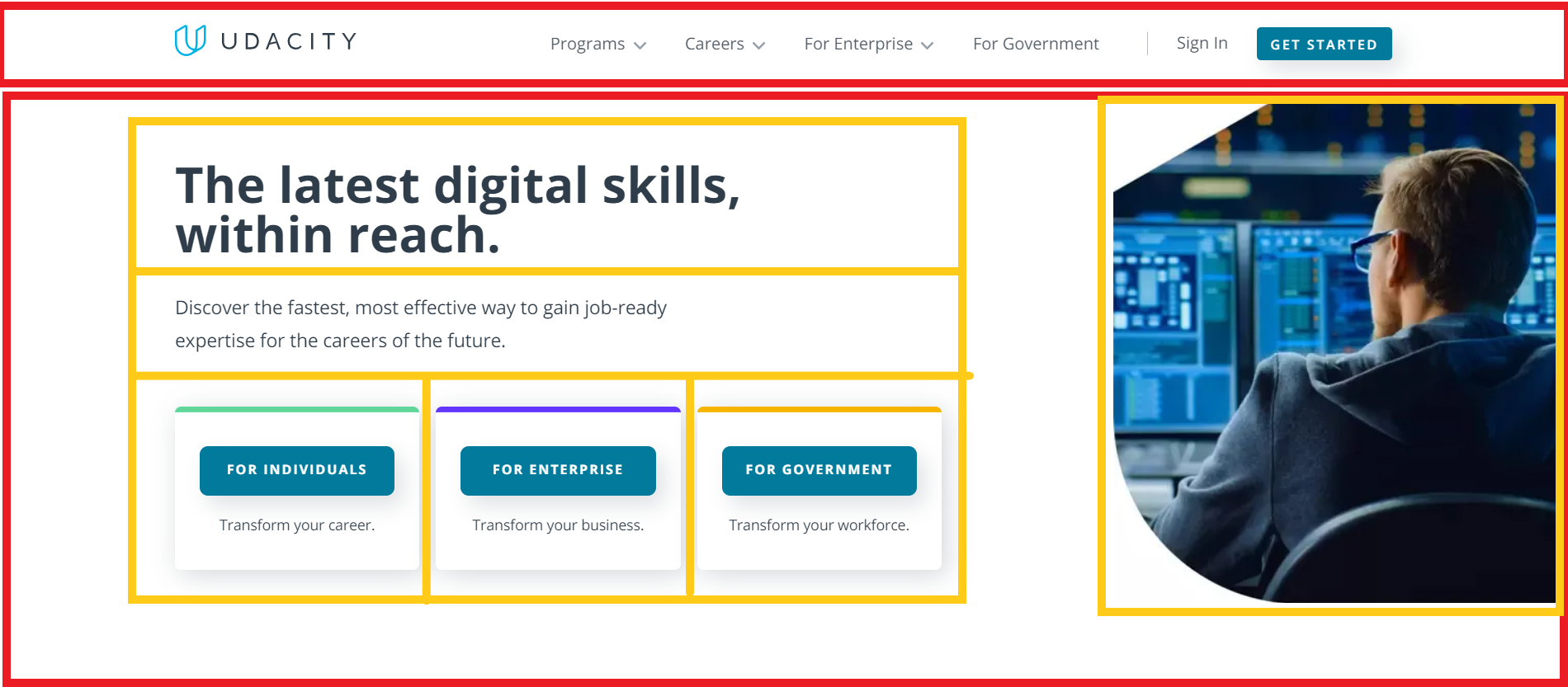 Udacity Homepage Screenshot with visible outlines