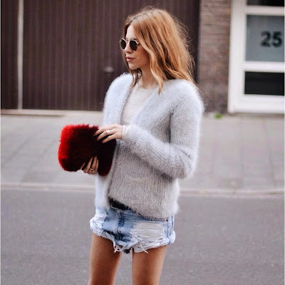 Maja Wyh Fuzzy Grey Cardigan Distressed Denim Shorts