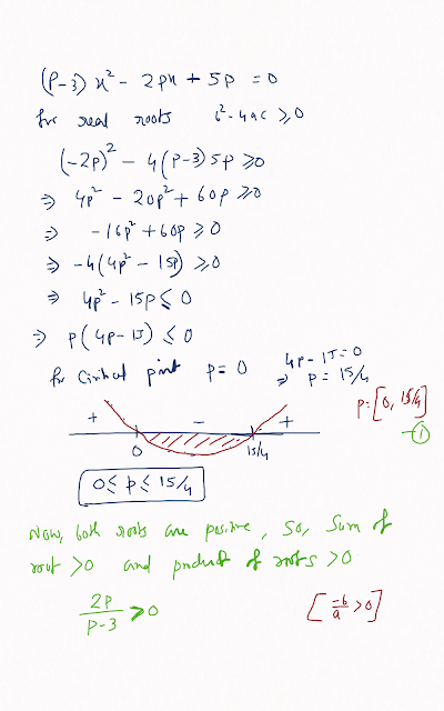 Find all values of p or which the roots  of the equation (p−3)x  2  −2px+5p = 0 are real and positive Ankit Sarawgi