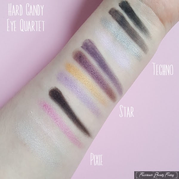 Hard Candy Eye Shadow Quartet swatches Pixie, Star and Techno