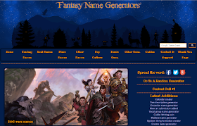 A screen cap of the Fantasy Name Generator website, with links to the various types of names that can be generated