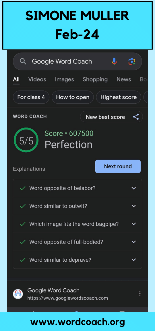 Simone Muller score of 607,500 in Google Word Coach
