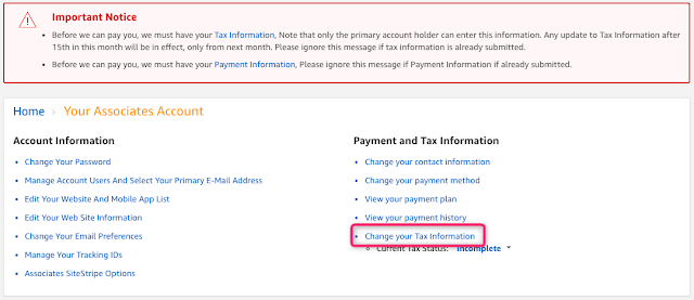 Change Amazon Affiliate Tax Information