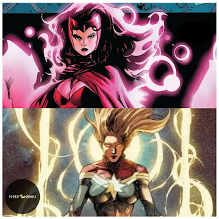 an image containing scarlet witch with chaos magic and captain marvel in binary form.