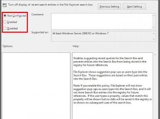 Turn off display of recent serach entries in the Windows Explorer search box