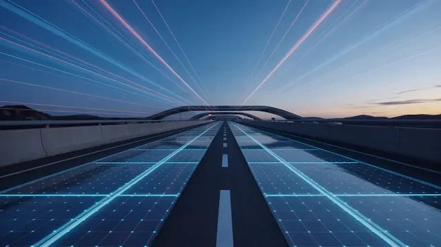 A photograph of a futuristic highway embedded with glowing blue solar panels that generate power. The road surface is a sleek black material with a subtle grid pattern and the blue panels are seamlessly integrated, pulsing with a soft light. Overhead, a clear blue sky is crisscrossed with the faint trails of automated vehicles, hinting at a sustainable future powered by the road itself. The scene is illuminated by the glowing solar panels and the ambient light of the clear sky, creating a sense of technological advancement and environmental harmony.