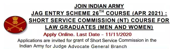 Recruitment for Army 26th Judge Advocate General (JAG) Law Entry - Apply online last date 11/11/2020