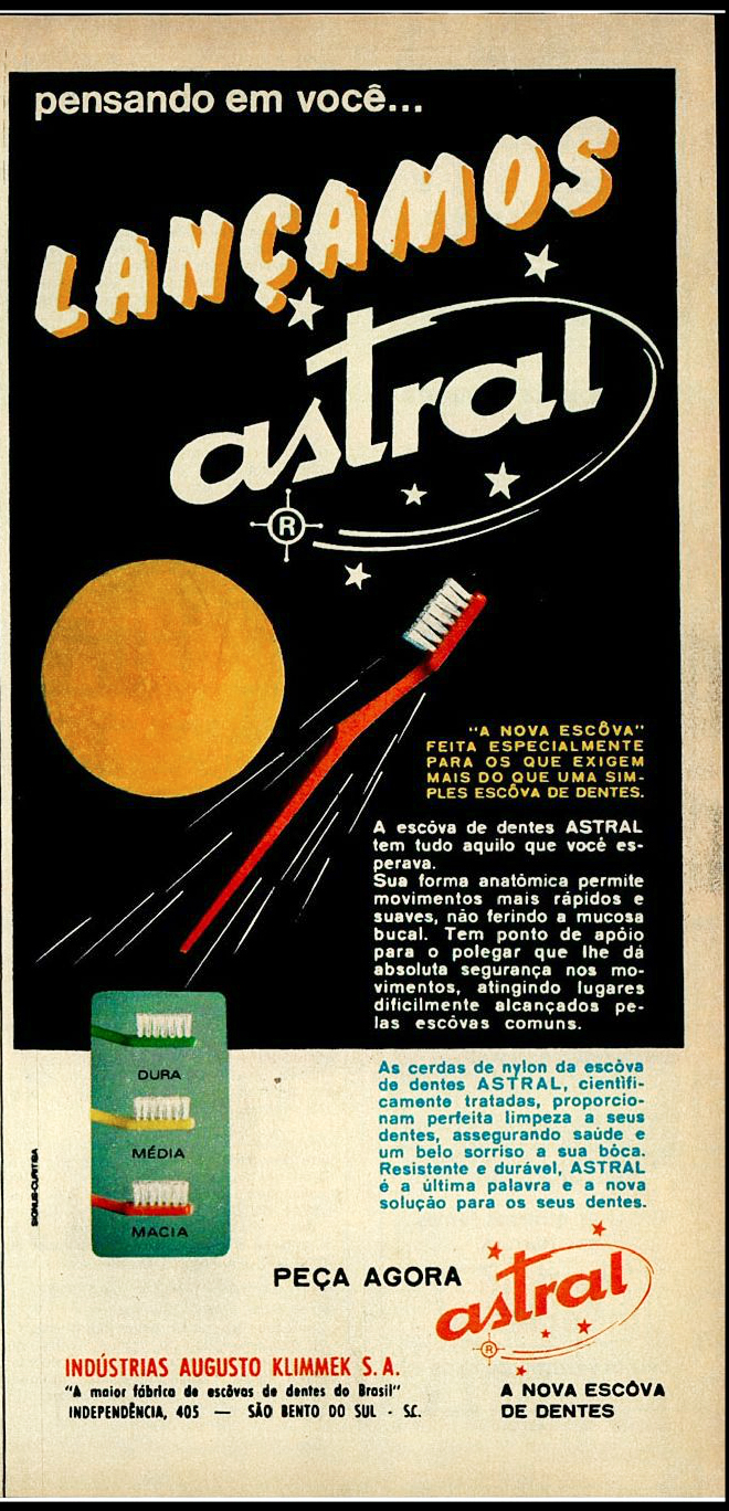 Propaganda antiga apresentando a escova de dentes da marca Astral em 1970