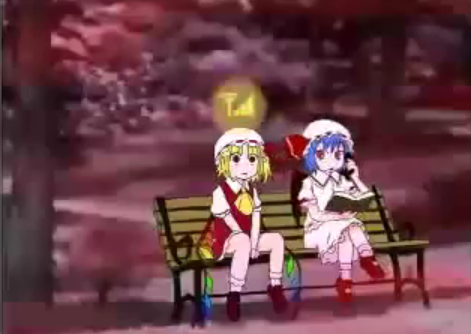 Flandre sitting on a bench receiving signal from Remi's cellphone