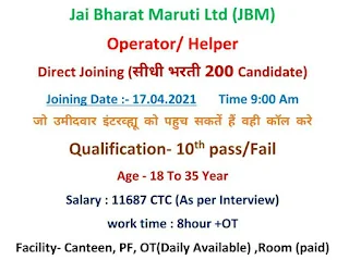 Direct Recruitment 10th Pass/Fail Job Opportunity For Operator and Helper Jai Bharat Maruti Ltd Sanand,  Gujarat