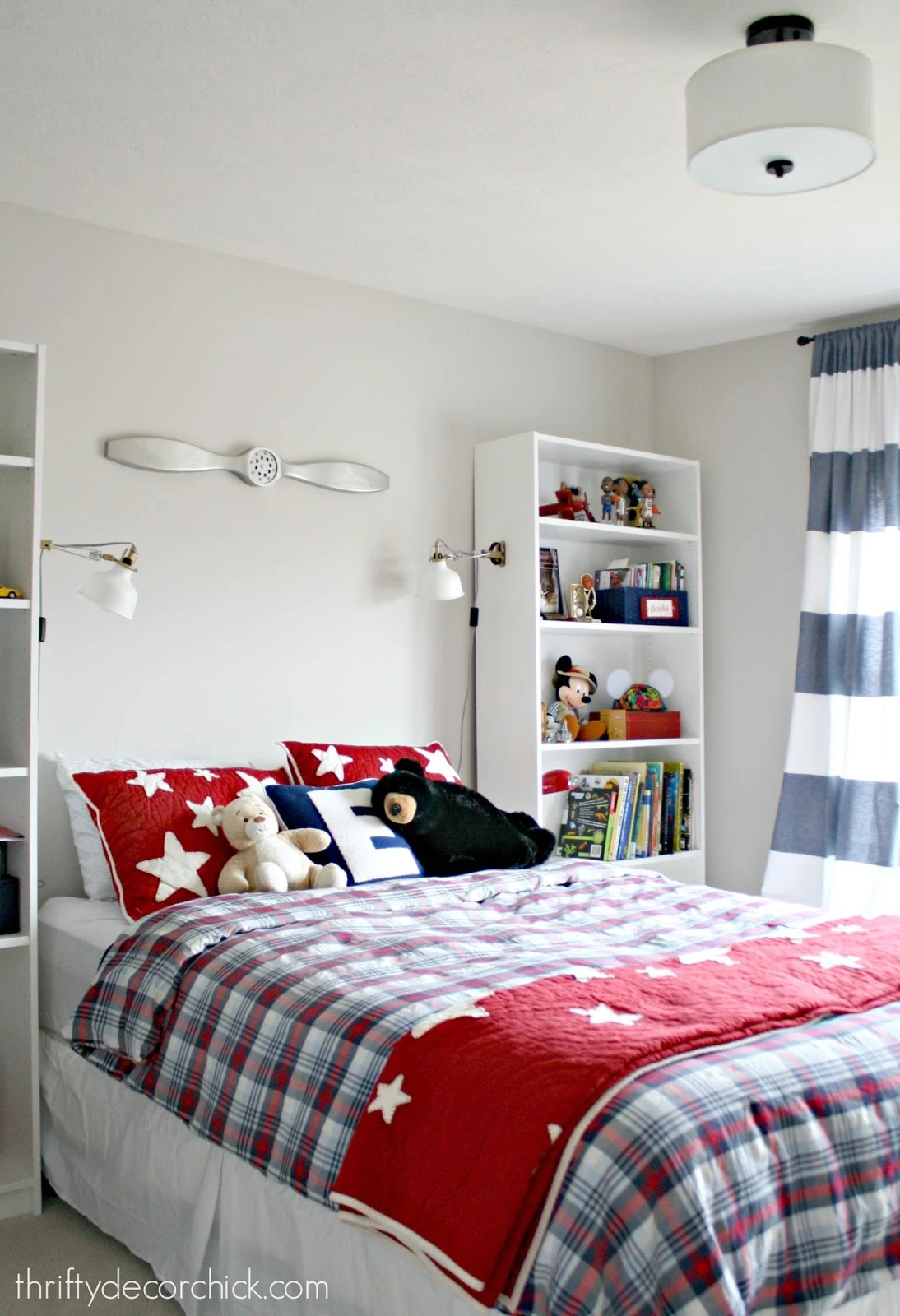 blue, red and white boy bedding