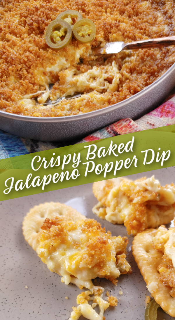 Crispy Baked Jalapeno Popper Dip! An easy dip recipe with creamy, gooey cheese and jalapeno peppers baked under an extra crispy breadcrumb coating that crunches just like the famous fried appetizer.