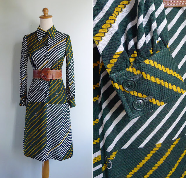 vintage 70's diagonal stripes green dress