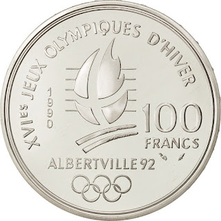 Coins of France 100 Francs Silver Coin 1990 Freestyle skiing 1992 Albertville Olympic Winter Games