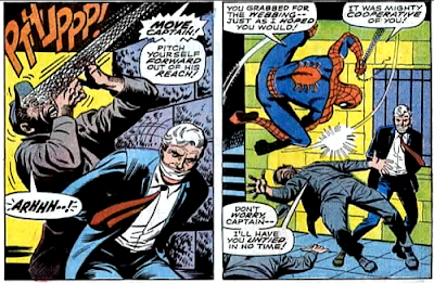 Amazing Spider-Man #65, jim mooney, john romita, in the prison, spider-man blinds one convict with webbing and then knocks him out while dangling from a strand of webbing, captain george stacy, bound and gagged, stands watching