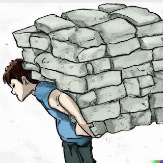A picture of a young man carrying a huge pile of bricks