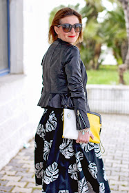 Asos leather jacket, leather peplum jacket, palm leaf print skirt, Loriblu heels, Fashion and Cookies, fashion blogger