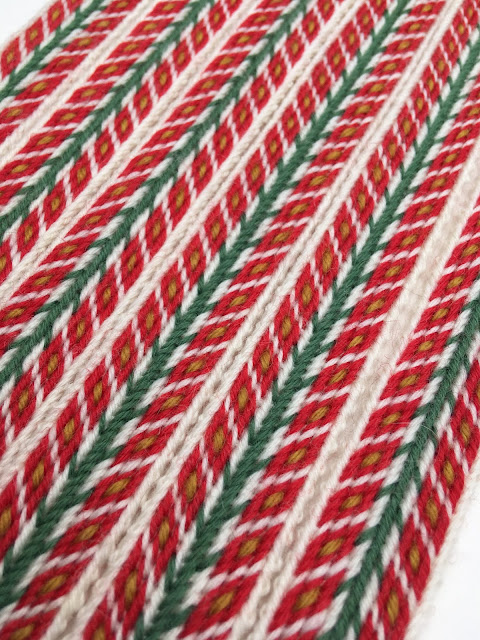 A photograph of a tablet woven band made using the pattern above