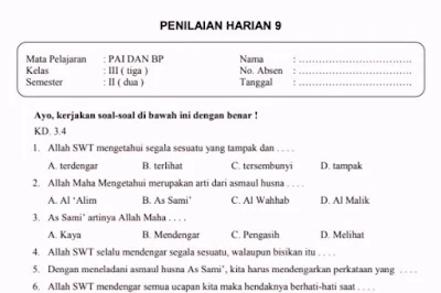 Soal Ulangan Harian PAI Kelas 3 Semester 2 K-13