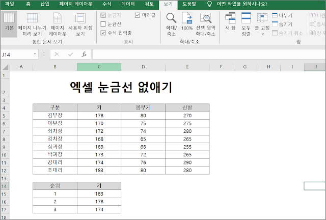 엑셀 눈금선 없애기