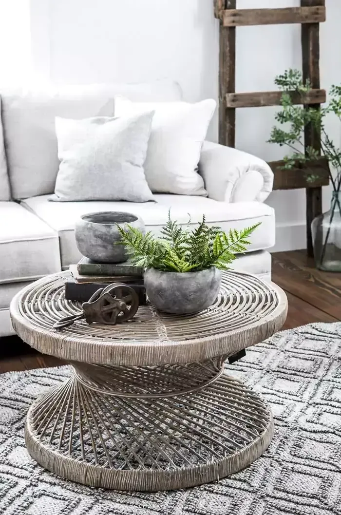 Coffee table with stone planters and pulley