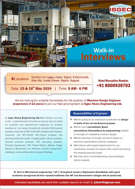 Join Isgec Heavy Engineering Ltd: Walk-in Interviews for Machine Design EngineersJoin Isgec Heavy Engineering Ltd: Walk-in Interviews for Machine Design Engineers