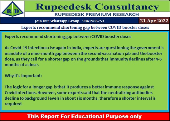 Experts recommend shortening gap between COVID booster doses - Rupeedesk Reports - 21.04.2022