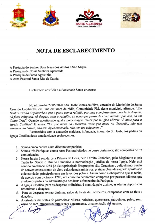 Em nota, Paróquias de Santa Cruz do Capibaribe repudiam acusações feitas pelo vereador Joab Gomes