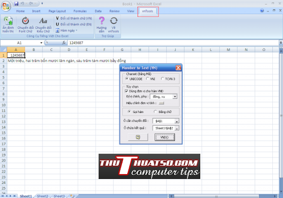  Đổi số thành chữ, đổi font, đổi kiểu chữ trong Ms excel đơn giản với Vntool