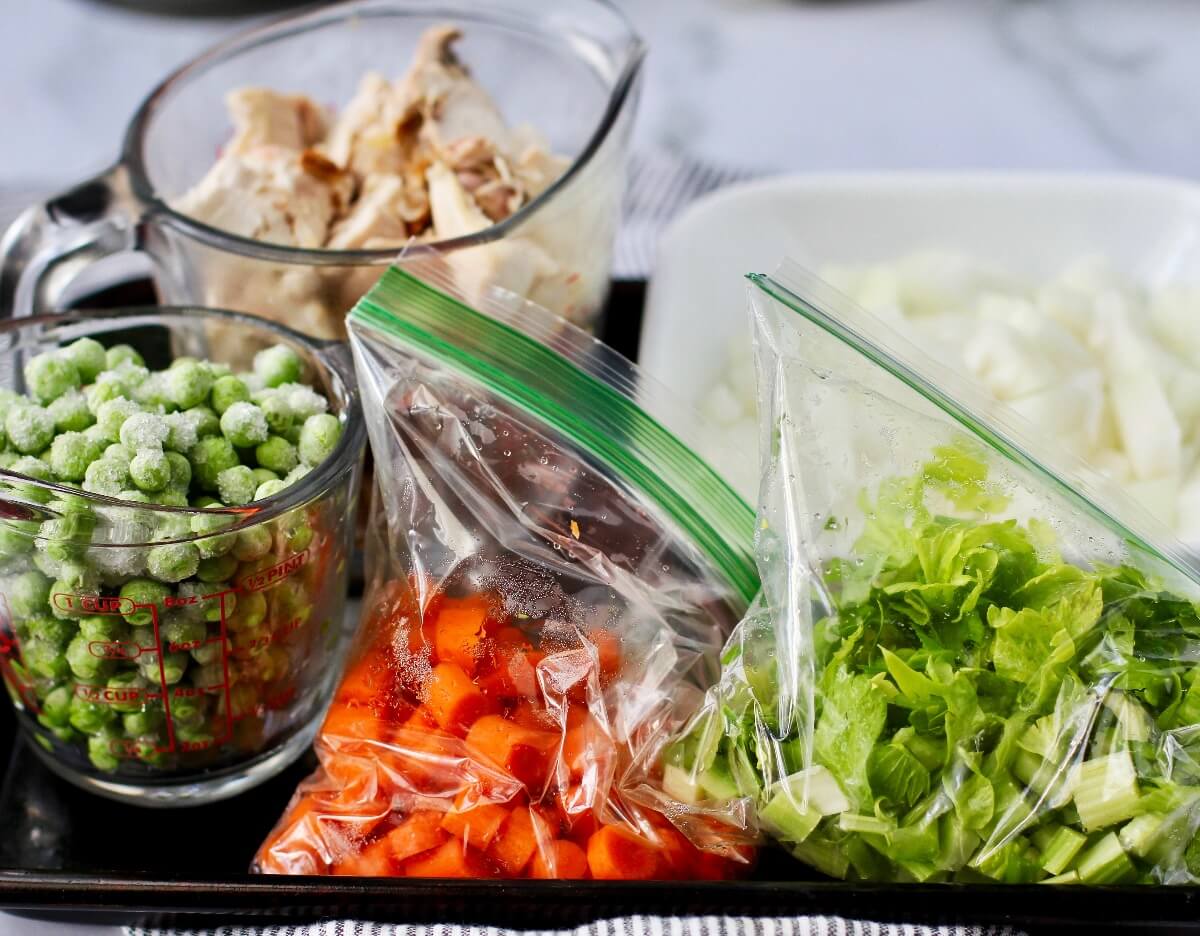 Chicken Pot Pie Soup ingredients in bags.