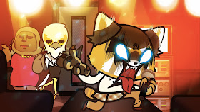 A cute, but angry, anime red panda is screaming into a microphone as an anime gorilla and anime bird watch.