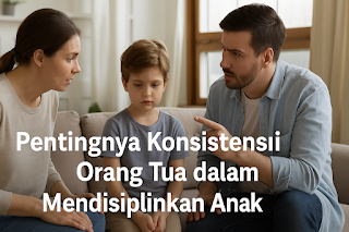 Ayah dan ibu sedang berbicara dengan serius namun lembut kepada anak yang tampak bersalah, di ruang tamu yang terang dan rapi.