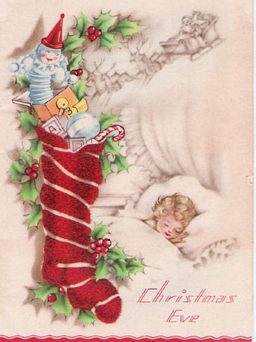 Ancienne carte postale de Noël - chaussette de Noël