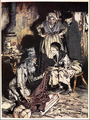 RACKHAM, Arthur (1867-1939). Selling Scrooge's Things, Illustrations for Dickens' A Christmas Carol, 1915