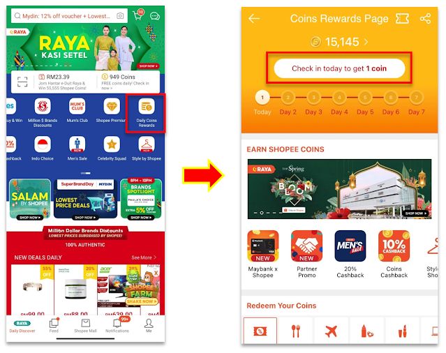 Ganjaran shopee coins menerusi Daily Coins Rewards