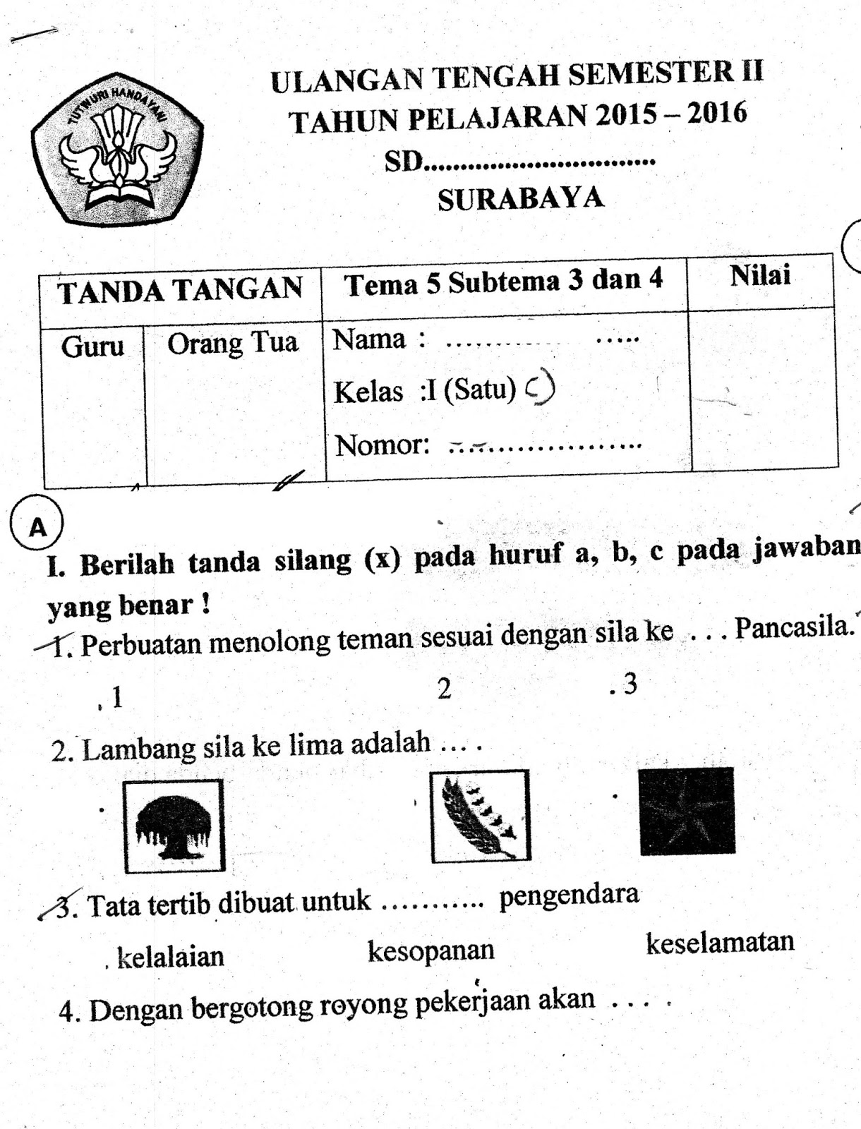 UTS Ujian Tengah Semester Tema5 SubTema 3 dan 4 SD Kelas 1 TA 2015 2016 Kurikulum2013