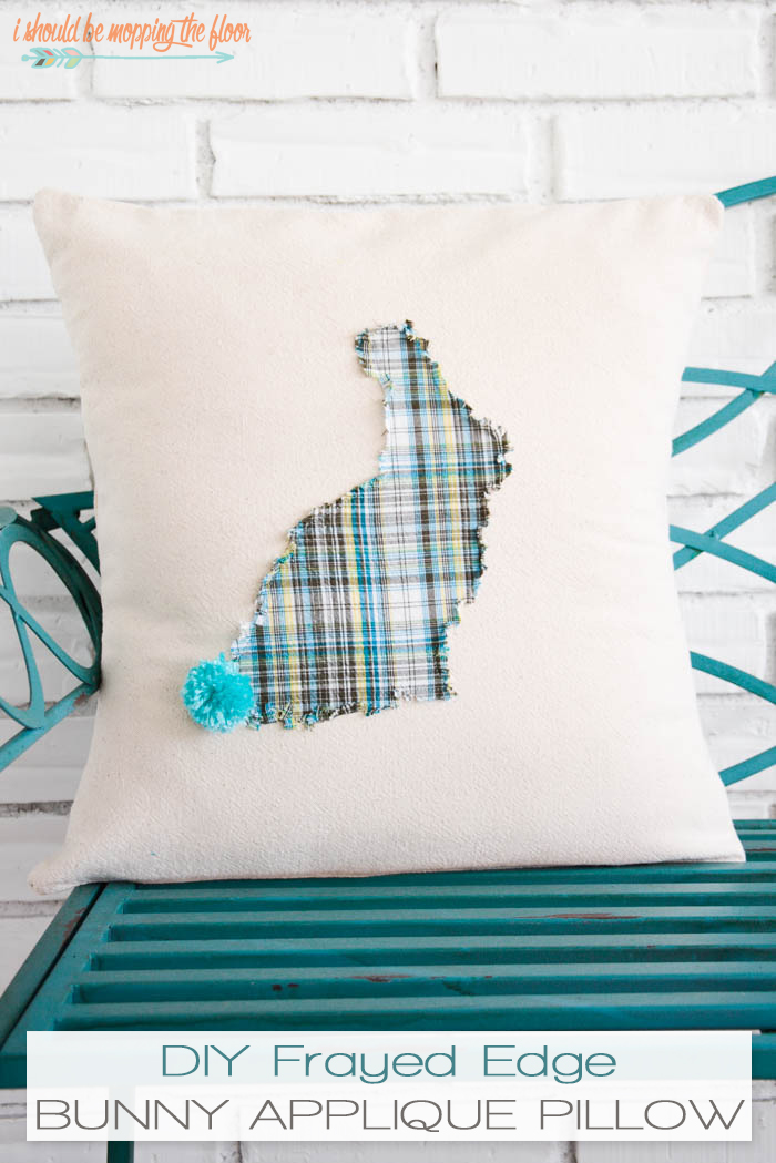 DIY Frayed Edge Appliqué Pillow: Sweet little bunny pillow made from a canvas drop cloth and men's shirt. Free printable bunny template available, too.