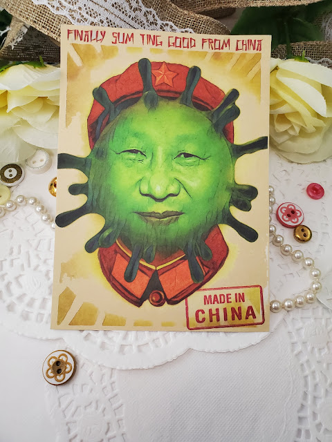 Postcard of coronavirus head of a chinese political figure. Meant for Comedic value.