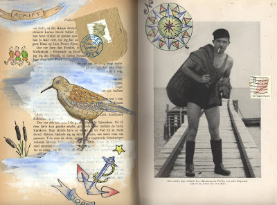 mixed media collage altered book page by artist Bronwyn Simons in 1940's nautical theme